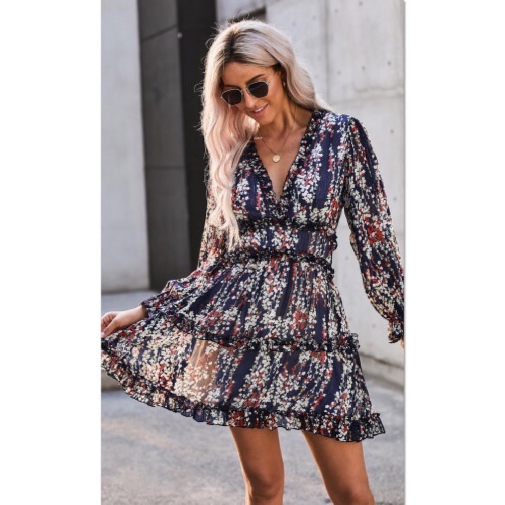 Floral Ruffle Tiered Mini Dress Open Back Long Sleeve NWT - Picture 2 of 8